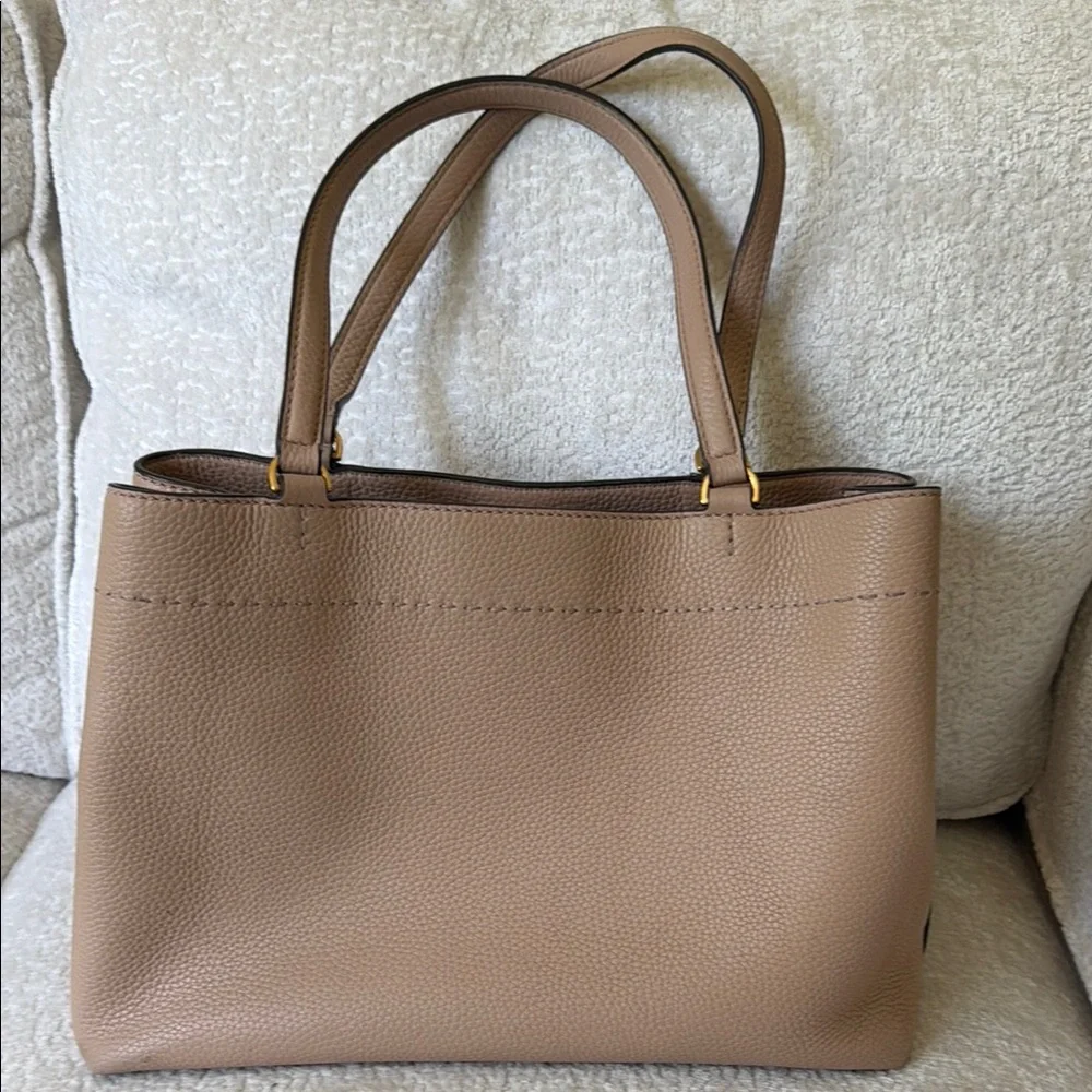 Tory Burch Beige/Tan Pebbled Leather Tote with Logo